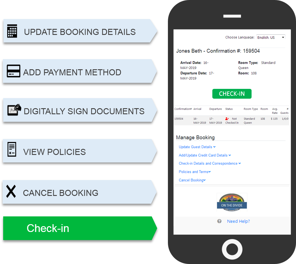 Self Check-in on a Mobile Phone lets guest update booking details, add payment methods and sign the registration before check-in. Automatically updated in your PMS.